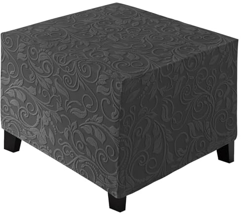 ele ELEOPTION Stretch-Sitzbezüge, quadratischer Fußhocker-Bezug, Samt-Jacquard, abnehmbar, waschbar, Stretch-Pouffe-Bezug, rutschfest, staubdicht, Ottomanen-Schonbezug, Größe L (43–56 cm), Dunkelgrau