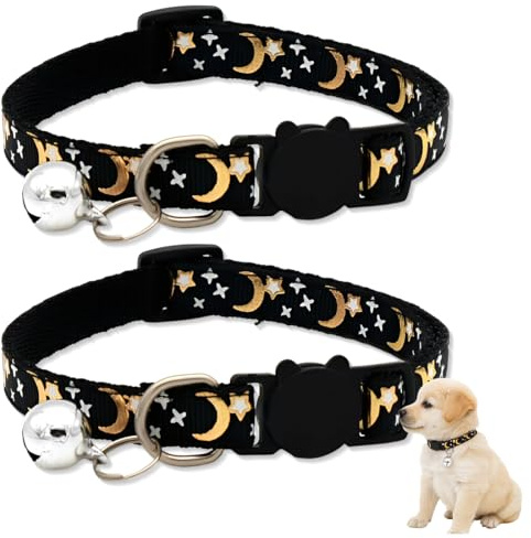 RVYEIOP 2 Collare Gatto, Collarino Gatto Riflettente con Campanellino, per Evitare incidenti notturni (Nero).