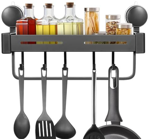 Amosfun Support À Ventouse Cuisine Étagère À Épices Murale Avec Crochets Rangement Ouvert Pour Pots À Épices Et Ustensiles Sans Perçage 13.78 X 4.92 X 4.72 Pouces
