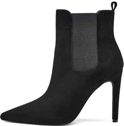 Zhabtuc Bottines Noires pour Femme en Cuir, Talon Haut 10 cm, Bout Pointu, Design Confortable et Polyvalent pour un Usage Quotidien, Daim noir, 39 EU