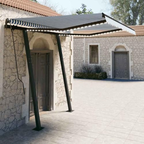 Store Banne Rétractable Manuel avec LED, Toile Polyester Résistante UV/Eau, Structure Aluminium Anthracite, Bras Articulés Réglables, Éclairage Solaire 3W, Bleu et Blanc, 3.5x2.5 m