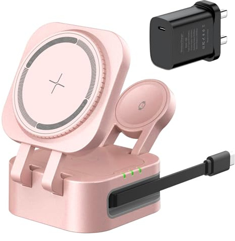 15W 3 in 1 Caricatore Wireless per iPhone 17/16/15/14/13/12/Pro/Max/Plus con Magsafe, Stazione Ricarica Apple Wireless Charger Rapida per Apple Watch Ultra 3/11/10/9/8/7/6/SE 3, Rosa