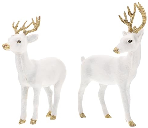 MUELODSIC 2 Stück Realistische Sika Figuren Weißes Rentier Ornament Handgefertigt Weihnachtsdeko für Wohnzimmer Büro Tischdeko Geschenkidee für Zuhause und Büro