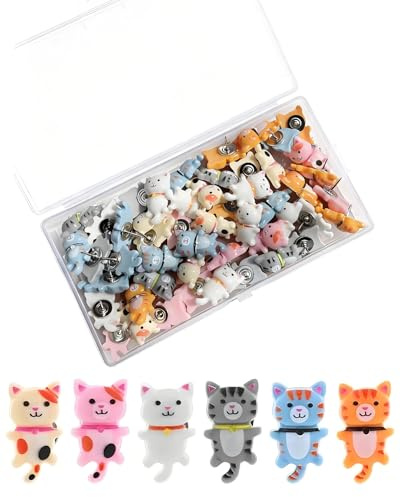 HUVZOR 30 Stück Katze Pinnadeln, Pinnwand Stecknadeln, Katze Reiszwecknadeln Dekorative, Harz Pinnwandnadeln Deko, Vielseitige Reisszwecken für Pinnwand, Korktafel, Fotowand, Büro(Farbe)