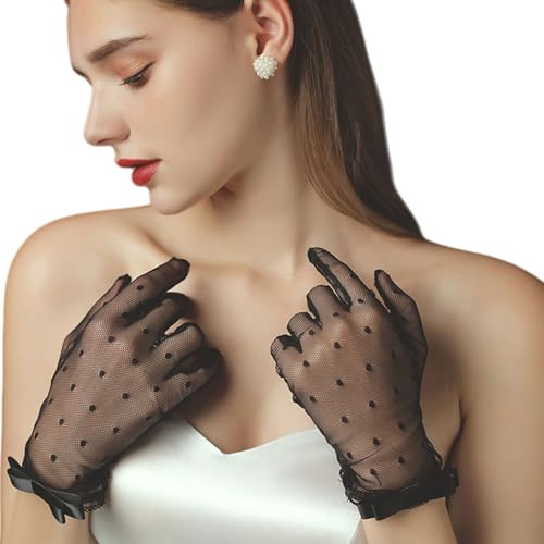 YROHGKPN Charm Dot Design Guantes de Novia con Encaje Transparente Puños de Lazo Guantes Elegantes para Ocasiones Especiales Guantes de Encaje, Negro , Talla única