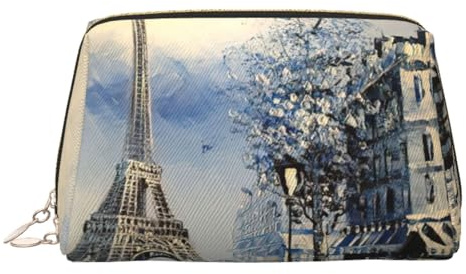Romantic Paris Eiffel Tower Print Leather Cosmetic Pouch, Leather Makeup Bag for Purse with Top Zip Closure Stylish Toiletry Bag