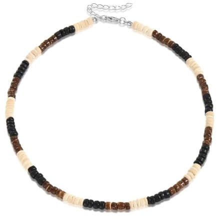 XENQITO 1 Stück Surfer Kette Herren, Halskette Herren, Muschelkette Herren, Surfer Halskette mit Kokosnuss Perlen Handmade Handmade Muschelkette Strand Schmuck Kette Holz (Schwarz)