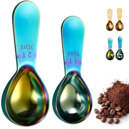 Aiyraa 2pcs Colorful Coffee Measuring Spoons 30ml and 15ml | Stainless Steel Tablespoon Scoop with Clear Scale, Small Spoon for Ground Coffee, Tea Powder, Sugar, Milk Powder (Colorful)