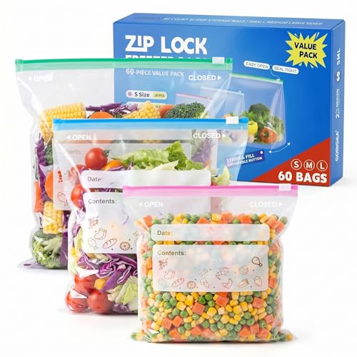 GobiSea 60-Pack Zip Lock Freezer Bags, 3 Sizes S/M/L Zip Seal Food Storage Bags, BPA-Free Ziplock Food Bags with Expandable Bottom for Fruits, Veggies, Meat, Snacks, Grains