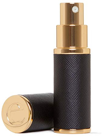The Essential Atomizer Co. Saffiano Black Leather Perfume Refillable Travel Atomiser - Boxed (Black with Gold Metal Original)