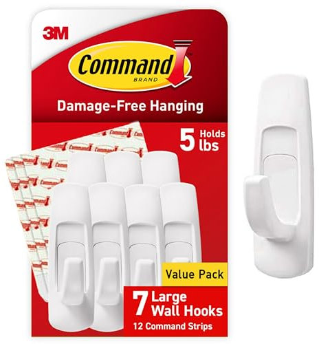 Command Hooks Large Utility Damage Free Hanging, Sticky Hook and Adhesive Strips Pack, No Tools for Multi Purpose Hanging, 7 White Heavy Duty Hooks and 12 Strips