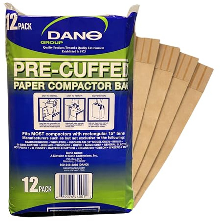 Dano Pre-Cuffed Paper Trash Compactor Bags (12 Pack) | Heavy Duty Kitchen Garbage Compactor Bags & Liners | 11 Gallon Precuffed Garbage Bag for Compactor | Eco-Friendly Trash Compactor Bag