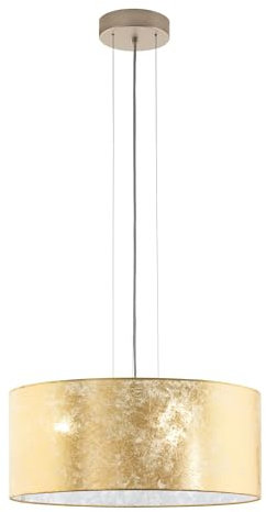 EGLO Pendelleuchte Viserbella, 3 flammige Hängelampe Vintage, | Hängeleuchte aus Stahl und Textil in Champagner, Gold, Esstischlampe, Wohnzimmerlampe hängend mit E27 Fassung, Ø 53 cm