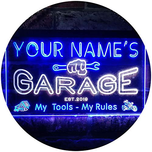 ADVPRO Personalized Your Name Est Year Theme Garage Man Cave Deco Dual Color LED Barlicht Neonlicht Lichtwerbung Neon Sign Weiß & Blau 300 x 210mm st6s32-pp1-tm-wb