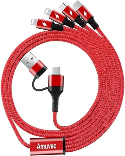 Amuvec Multiple Charger Cable [USB A/C to 4 Ends], 3A Fast Charge Cord 1.2M | 2*iP, Type C, Micro ports. 4 in 1 fast charging cord. 10k+ bends. Fits iP, Samsung, Huawei, Xiaomi, Moto, Sony, PS5, iPad.