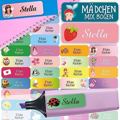 Namensaufkleber Mix personalisiert wasserfest 60 Stück Schule Kita Kinder | Namenssticker mit Wunschname für Brotdose Trinkflasche Stifte Schule Federmappe Kindergarten Schulstart spülmaschinenfest