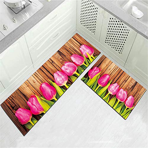 Küchenläufer Waschbare rutschfest, Morbuy Anti-Slip Komfort Runner Matte 2 Stück, 3D Blumen Bedruckte Innen Küchenmatte Für Küche Schlafzimmer (50 * 80cm+50 * 160cm,Rosa Tulpe)