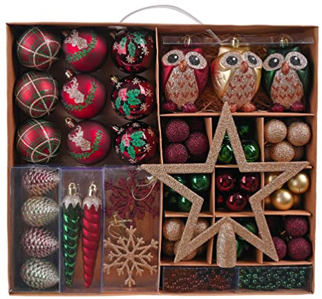 Valery Madelyn 90pcs Boules de Noël, Rouge Vert et Or, Décoration à Suspendre pour l'arbre de Noël en Plastique, Ornements avec Étoile pour Sapin de Noël, Emballage en Papier Kraft de Luxe