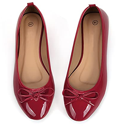 Dernolsea Womens Ballet Flats, Patent Leather Bow Round Toe Foldable Flat Slip On Pumps Dolly Ballerina Shoes Wine Red Size 7