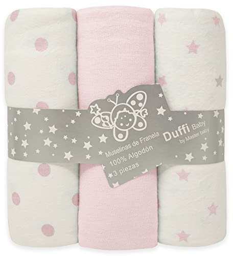 Duffi Baby - Pack 3 Muselinas Bebe Algodon Estampadas. Set Tres Muselinas para Bebes Rectangulares 80 x 110 cm. Manta Verano Bebe Franela 100% Algodon Suave. Toallas Bebe Recien Nacido. Rosa. 1392-06