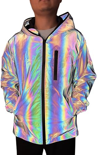NewL Men Rainbow Reflective Coat Hooded Fashion Runing Pocket Jacket M