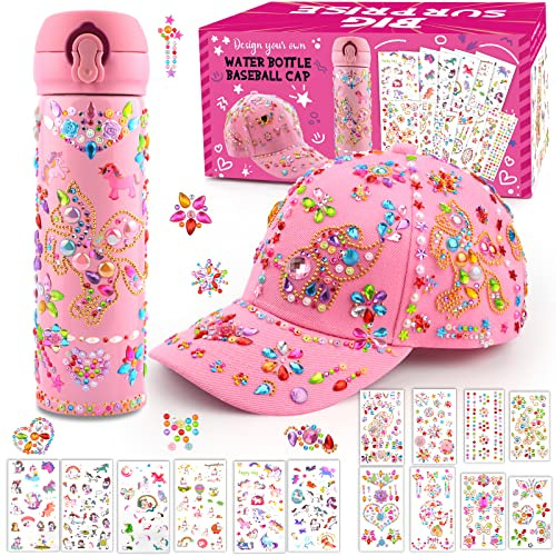 Geschenke für Mädchen DIY Trinkflasche und Baseballkappe, Schulanfang Notizbuch Geburtstag Ostern Geschenk Mädchen 4 5 6 7 8 9 10 11 12 Jahre, Bastelset Kinder Selbst Gestalten Kappe mit Glitzer Aufkl