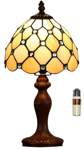 FUMAT Tiffany Tischlampe, Retro Deko Lampe Tischleuchte Nachttischlampe, Bunte Glas Lampenschirm, Mit E27 LED Glühbirne, für Schlafzimmer Wohnzimmer (1 Stück White Perle)