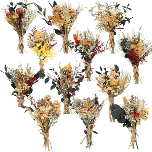 Layhit 12 Pack Boho Dried Flower Bouquet Mini Wedding Handmade Dry Flowers Decor for Vase Crafts DIY Photo Boutonniere for Men Floral Plant for Bridesmaid Gift Birthday Decor(Bright)