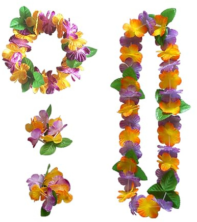 Hawaiianisches Lei-Set mit Halskette, Stirnband und Armband für Cheerleader, Geburtstagsparty, Karneval, Strand usw