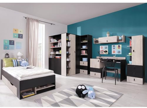 Lomadox Jugendzimmer Set 6-teilig mit Bett, begehbarer Kleiderschrank, 2 Regalschränke, Wandboard, Schreibtisch in schwarz/braun/beige Modern