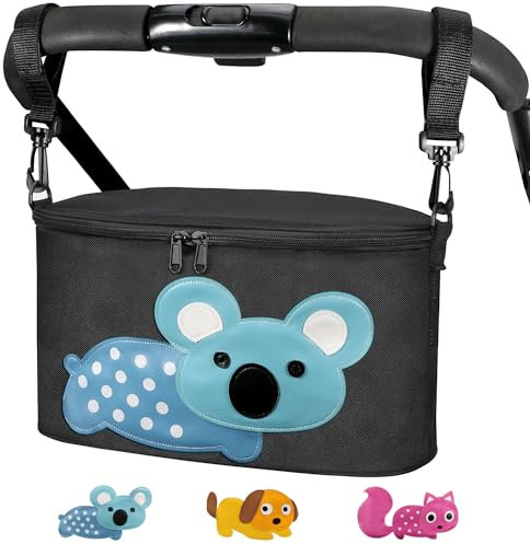 Bello it Borsa per Passeggino o Carrozzina, Borsa porta oggetti universale， Design animali colorati, Leggera e Capiente con ganci e tracolla inclusi Tema: (Koala) colore : Nero