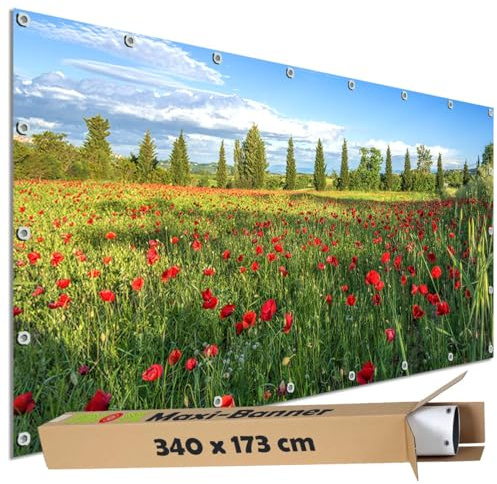 TRIOSK Große Motivplane Sichtschutz Zaunblende mit Motiv Mohnblumen Wiese Motivbanner Garten Deko Plane Blickdicht für Zaun Terrasse Gartenzaun Zaunplane PVC 340x173 cm
