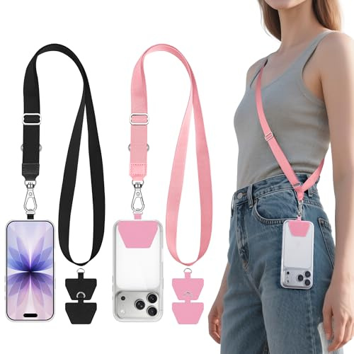 takyu Handy Band Zum Umhängen, 2 Stück Universal Handyband Schlüsselband Handy Umhängeband Einstellbares mit 4 aufklebenden Einlagen Kompatibel für iPhone, Samsung oder Alle Smartphone Schwarz & Rosa