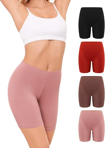 VOENXE Cycliste Femme Coton,Shorty Sport Anti Frottement Cuisse,Boxer Shorts Femme Panty,Shorties sous Jupe ou Robe,Women Legging Culotte Court Cotton SéCurité ProtèGe Comfort,Lot de 4