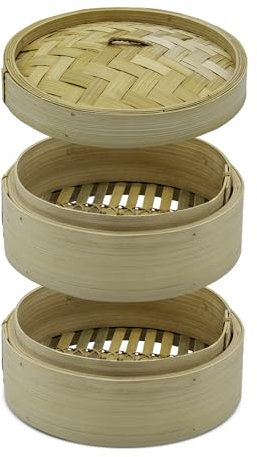 Vaporera de bambú de 2 niveles con tapa, 20 x 15 cm, vaporizador de madera tradicional asiática, vaporizador de bambú, cesta de vapor, para dim sum, verduras, carne, pescado