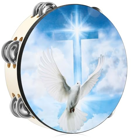 Fiada Dove Tambourines for Adults Church Christian Dance Tambourine Cross Double Row Jingle Bible Hand Bell Clap Drum for Church Pray Party Percussion Musical Instrument(8 Inch)