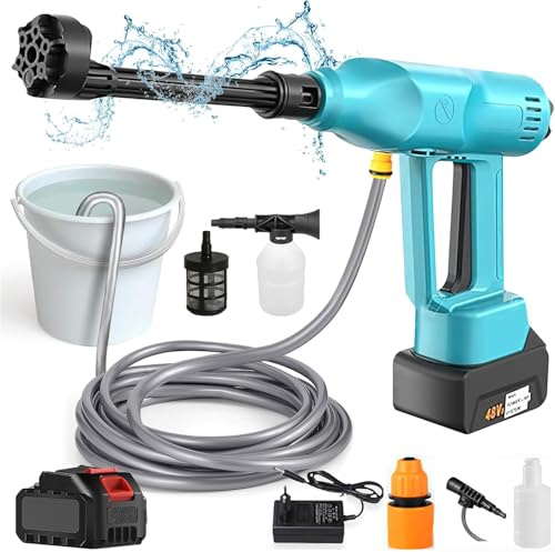 Limpiador de Alta Presión 21V, Hidrolimpiadora Bateria 65Bar, Hidrolimpiadora de Alta Presión Recargable 30000 mAh, Pistola de Agua con Batería 6 en 1, Manguera 5M, para Lavado de Coches, Jardín