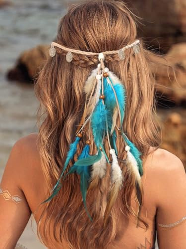 Fashband Indisches Feder-Stirnband, Boho-Münzen, Quaste, Hippie-Kopfschmuck, Tribal-Perlen, Festival-Kopfschmuck, Haarschmuck für Damen (B, Einheitsgröße)