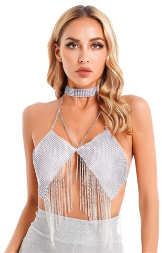 Damen Pailletten Top Bauchtanz Crop Top Frauen Halter Crop Top Glitzer BH Pailletten Oberteile Bauchtanz Oberteil Rückenfrei Glitzer Top für Salsa, Bauchtanz, Boho, Festival, Club, Latin Dance