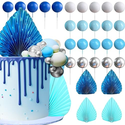 Noaya 29Pcs Blue Cake Decorations - Foam Ball Cake Toppers for Baby Shower, Birthday, Wedding, Anniversary - 15x3cm, 10x2cm Foam Balls & 2x15cm Leaves