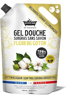 Recharge Gel Douche Fleur de Coton 900ml Les Petits Bains de Provence - Gel Douche surgras sans savon, +98% ingrédients naturels, pour mains, corps et cheveux, recyclable