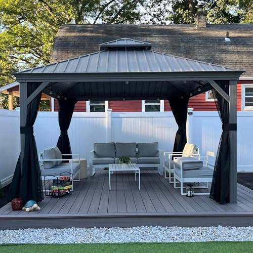 PURPLE LEAF Alu Pavillon 3.65 x 4.25 m Wasserdicht Stabil Winterfest Terrassenüberdachung Gartenpavillon mit Stahldach Pavillon für Terrasse, Hellgrau