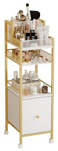Makeup Organizer Storage Cart with Drawers, Large Floor Makeup Skincare Organizers, Rolling Makeup Cart Vanity Organizer Cosmetics Display Cases Holder for Nail Polish Brush Hair Tool（Gold）