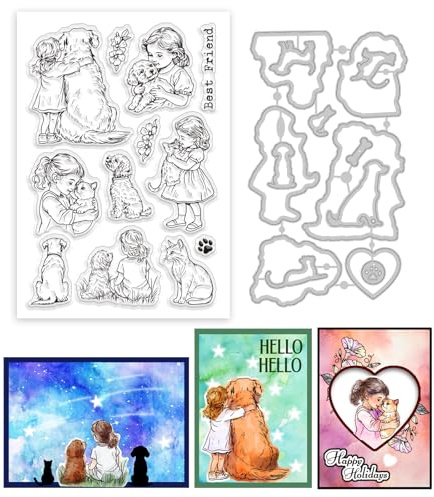 GLOBLELAND Transparente Stempel Mit Motiven von Menschen Und Haustieren Sowie Stanzformen Set Mit Katzen Und Hunden Für Selbstgemachtes Scrapbooking Und Kartenmachen Dekorative Fotoalben Notizbücher
