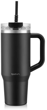 Bodum Travel Mug Tumbler 1,2 L Black Beauty – Bouteille en métal noire avec paille, poignée et couvercle – Passe au lave-vaisselle – Pour boissons froides et café chaud