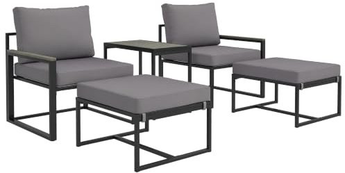 Outsunny Gartenmöbel Set 2 Personen Stahl Wetterfest Balkonmöbel-Set Grau | 2 Sessel, Sitzkissen, Beistelltisch, Hocker, Outdoor Sitzgruppe, Terrassenmöbel, Gartengarnitur, für Garten Terrasse Balkon