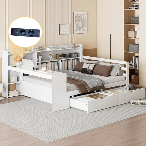 okwish Stauraumbett 140x200 cm für Kinder und Jugendliche, Weiß | Steckdose, Schreibtisch, Bücherregal, Stauraumfach, Regal, 2 Schubladen, Stauraum, Versand in 3 Paketen