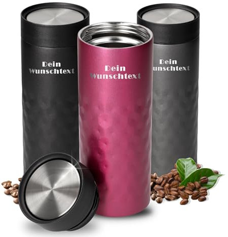 Thermobecher personalisiert 'Crystal' 450 ml - auslaufsicherer Kaffeebecher to go - Geschenk Weihnachten für Männer & Frauen - Edelstahl Trinkbecher mit 360-Grad Deckel, Farbe:pink