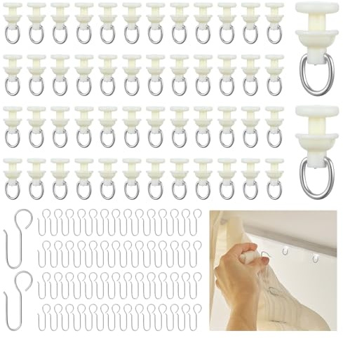 100 Pcs Shower Curtain Pack with 50 Pieces Hooks and 50 Pieces Gliders, Curtain Track Hooks for Shower Curtains Straight Curved Curtains, Track Rollers for Window Accessories