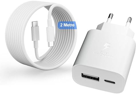 25W USB C-Laddare, iPad Strömförsörjning, 2 Portars Snabbladdare USB-A&USB-C Adapter för Apple Phone 16/16e/16 Plus/16 Pro/16 Pro Max/Phone 15 /iPad med 2m Snabbladdningskabel (Vit)